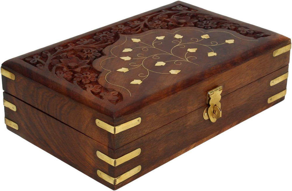 Ajuny Handmade Wooden Jewellery Box with Brass Inlay for Women | Hand Carved Mul