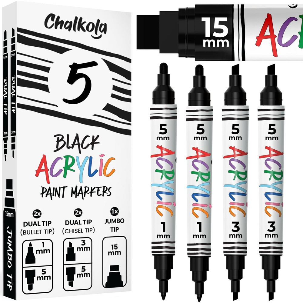 5 Acrylic Black Paint Pen – Dual Tip Fine & Jumbo Size Ink Pens (1mm, 3mm, 5m…