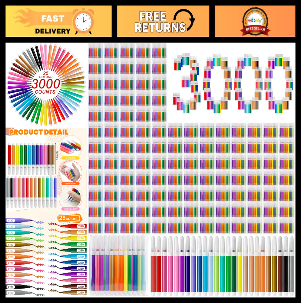 3000 Pcs Mini Colored Markers Set – Vibrant Assorted Watercolor Pens for Art & O