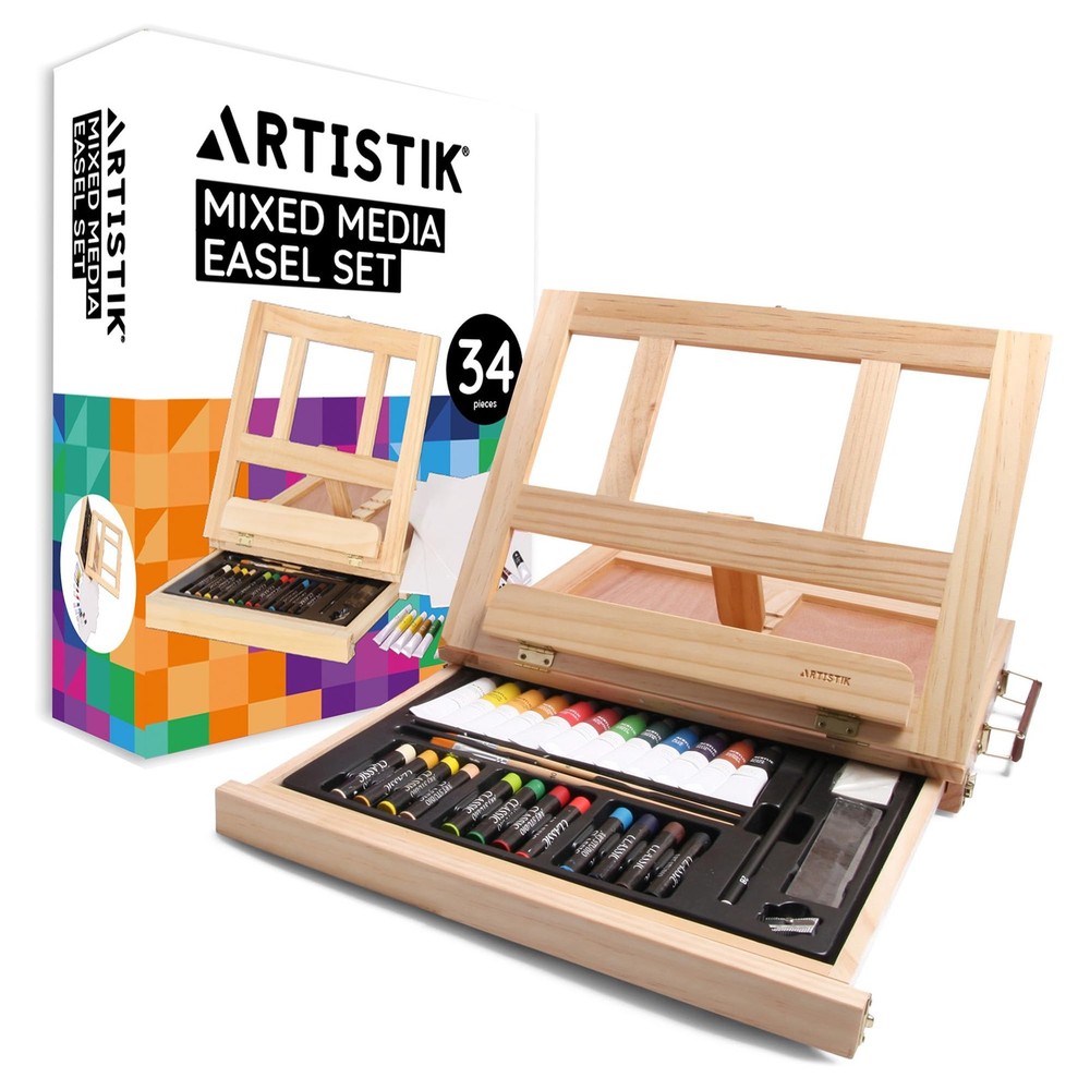 Mixed Media Easel Art Set – 34-Pc with 12 Acrylic Paints & 3 Canvases – Art Kit