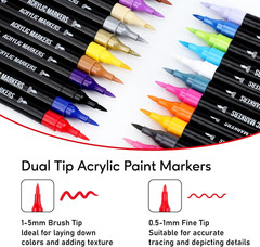 24 Color Dual Tip Acrylic Paint Markers Brush Fine Tip Quick Dry Art Pens
