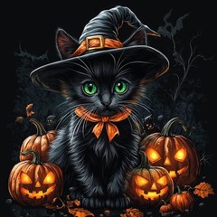 Adorable Black Cat, Green Eyes w Witch Hat 5D Diamond Drill Dot Gem Kit Pumpkins