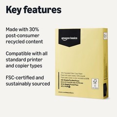 Amazon Basics 30% Recycled Color Copy Paper, 8.5″ x x 11″, Pastel Canary