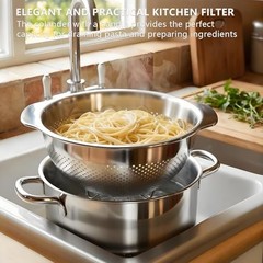 Stainless Steel Colander for Kitchen with Handle for Pasta () | Fine mesh. 5QT