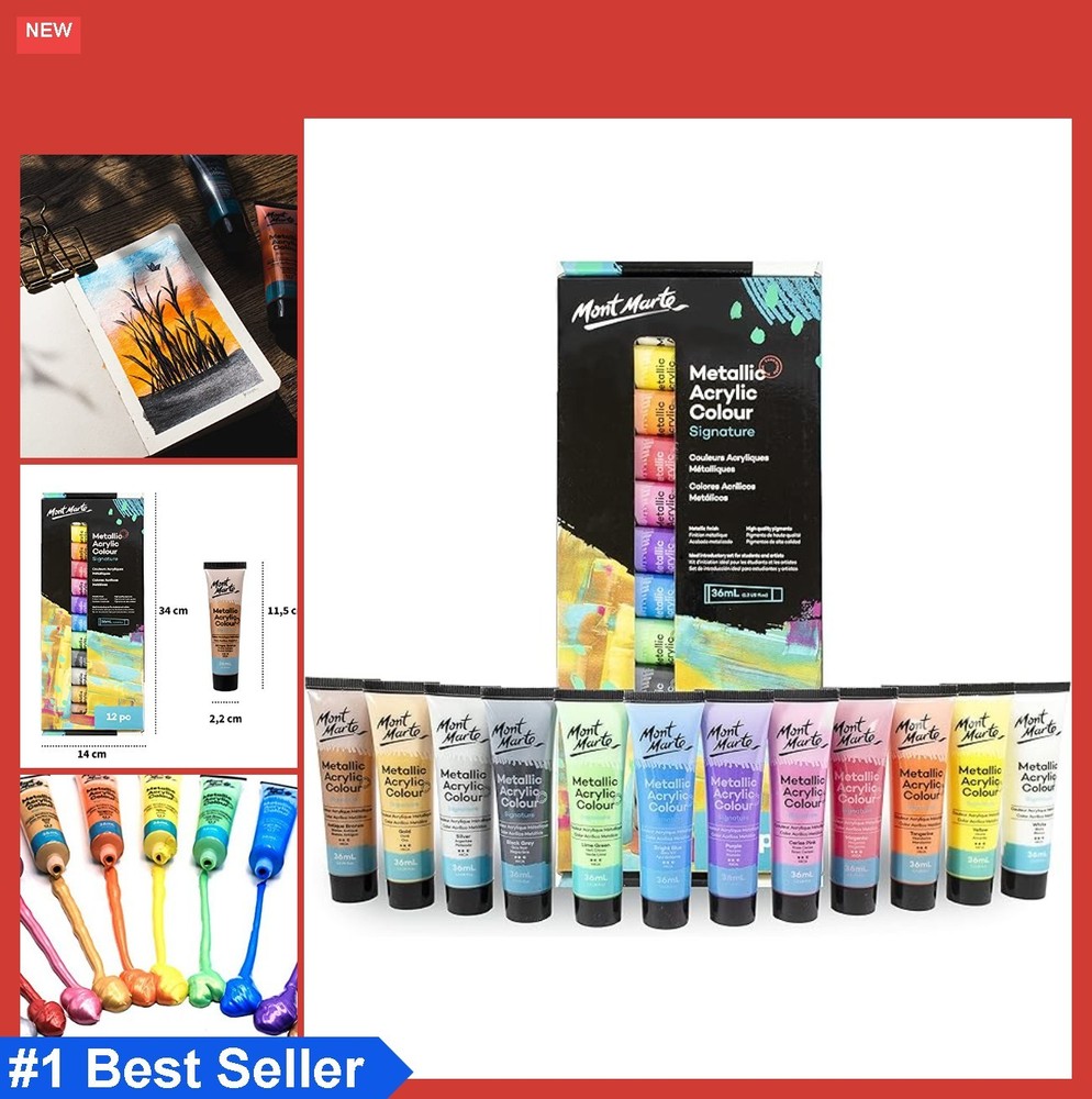Metallic Acrylic Paint Set 12 Colors 36ml Tubes for Canvas Paper Wood Craft