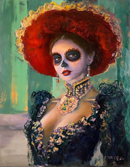 Frank Maier Original Oil Painting: Day of the Dead-Woman in Red Hat 16″x20″