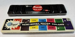 Vtg Prang & Sargent Watercolors Set Metal Tins Full 8 Color Pans & Brushes USA
