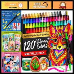120 Dual-Tip Acrylic Paint Markers Set – Fine & Dot Tips for Fabric, Rock, Glass