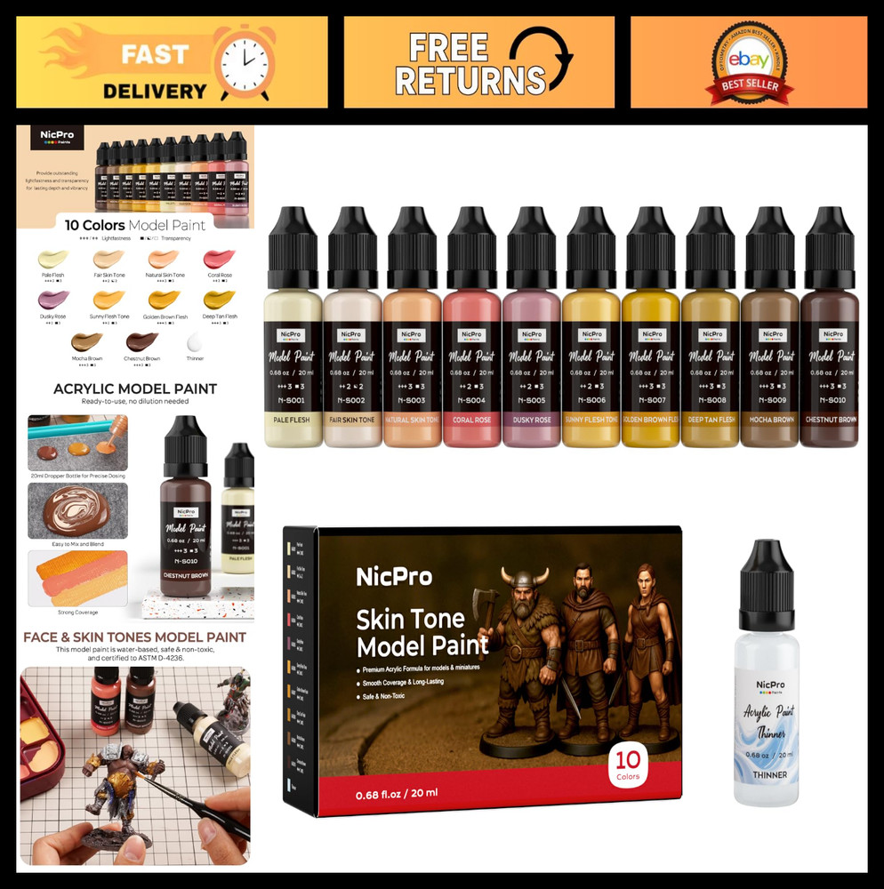 10 Colors Acrylic Paint Set for Models & Figures, Ready to Use, Includes Brush &