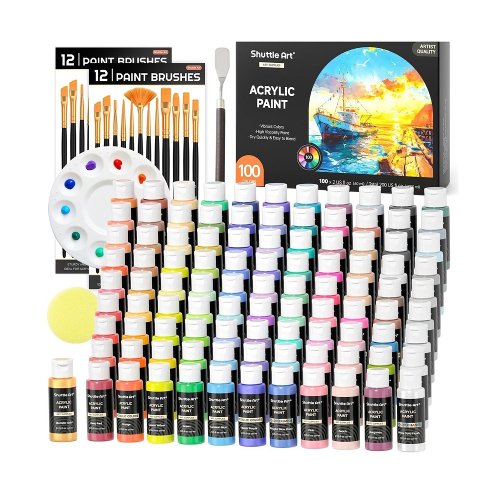 Shuttle Art 100 Colors Acrylic Paint, 2oz/60ml Bottles, Include 2 S… Fast Ship