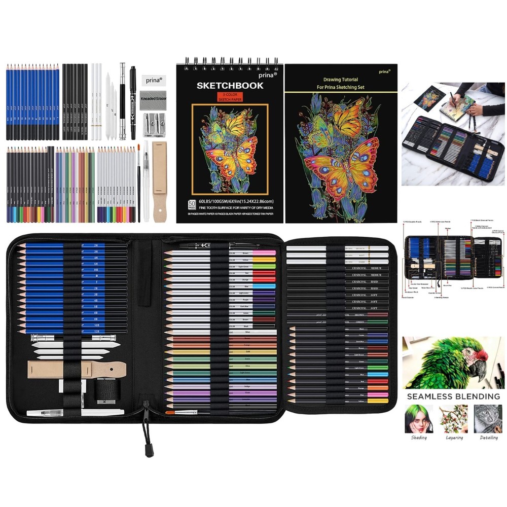 Professional 76-Piece Art Supplies Kit with Tutorial & Travel Case for Artists