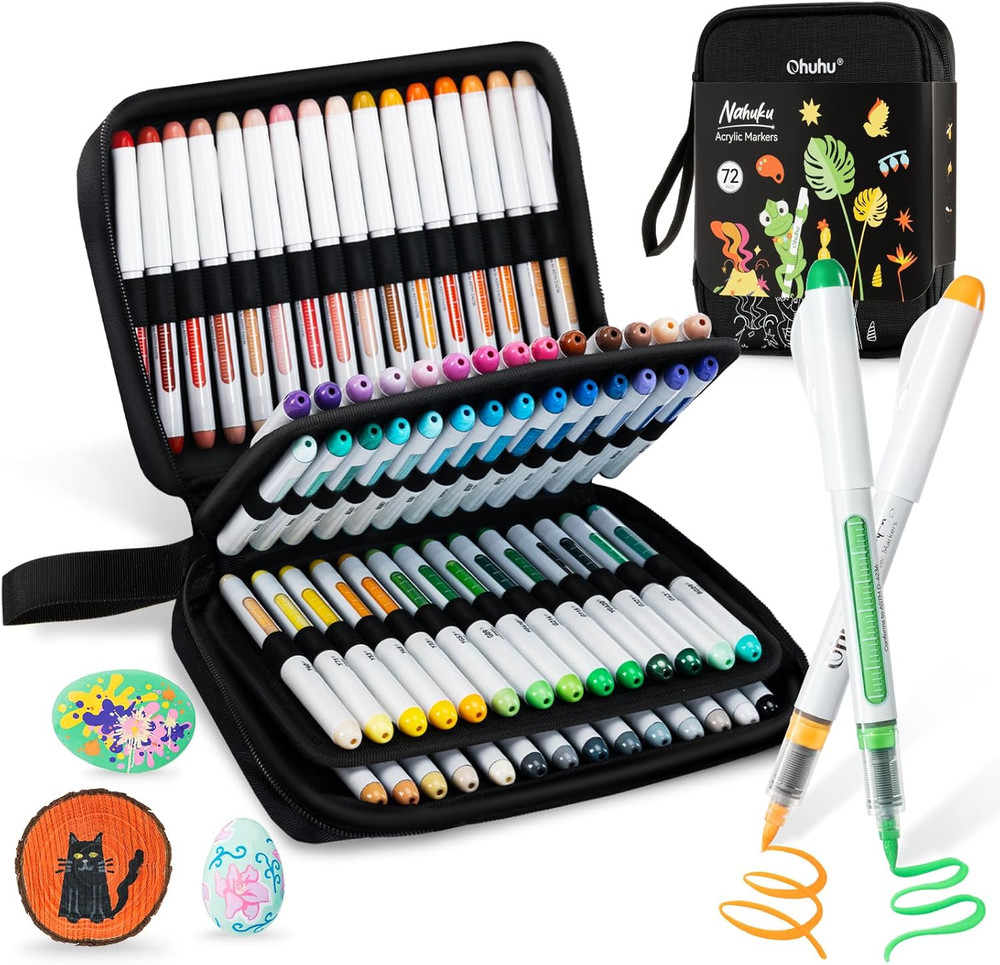Ohuhu Acrylic Paint Markers Brush Tip: 72 Colors Automatic Ink Control Acrylic M