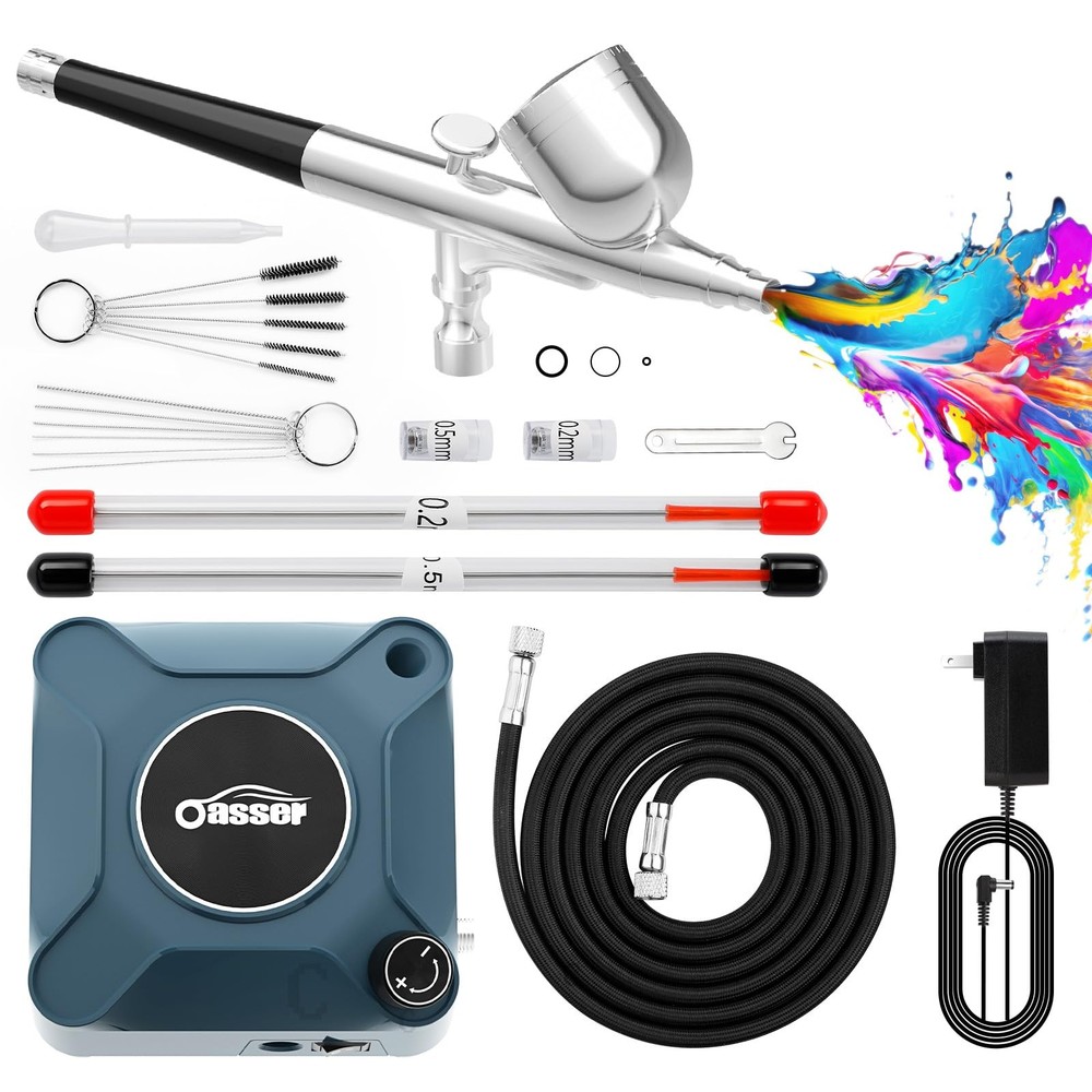 Dual Action Airbrush Kit Compressor Auto Stop 10.5L/min 3 Nozzles 7cc Cup 12V