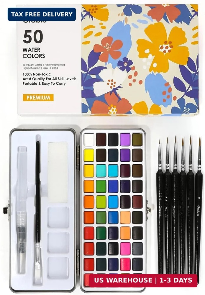 Grabie 50 Colors Watercolor Paint Set, Detail Paint Brush Included, Watercolor P