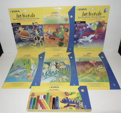 LYRA Stencils, 6 Packs of 4 Assorted subjects and Set of 12 LYRA Gel Crayons