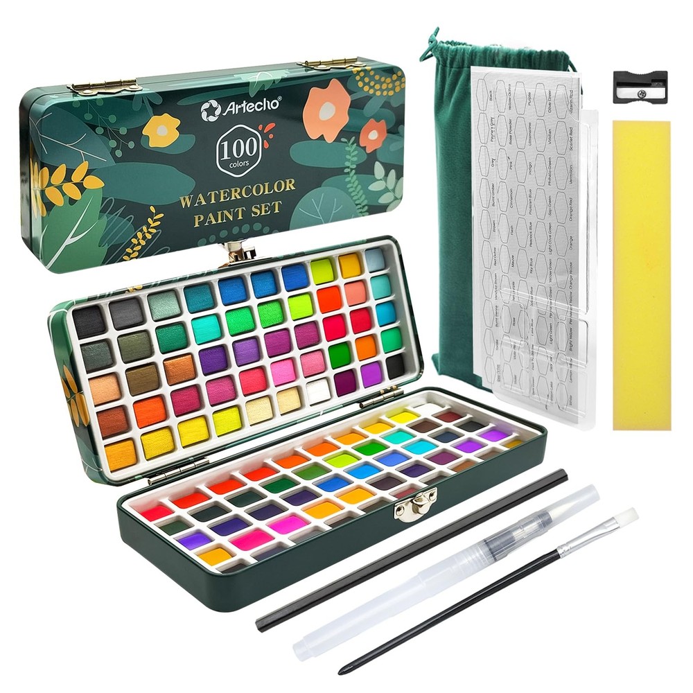 Watercolor Paint Set 100 Colors with Metallic in Portable Box, Paint Kit with…