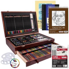 Mega Wood Box Art Set – 24 Watercolors, Oil Pastels, Pencils