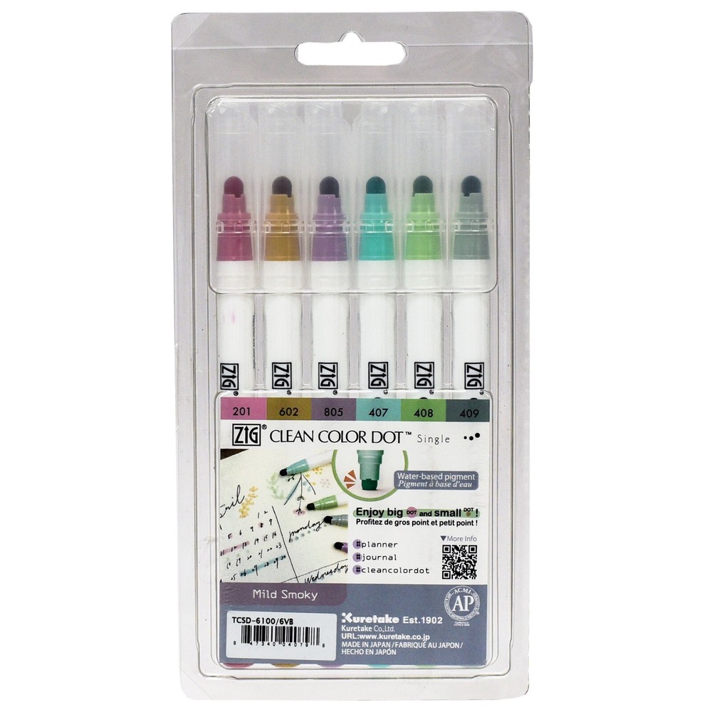 Kuretake TCSD-6100/6VB Zig Clean Color Dot Marker, Mild Smoky Colors, Set of 6