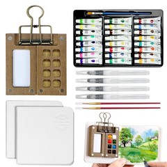 Mini Watercolor Paint Set, 24 Colors Travel Kit with Wood Palette, brown