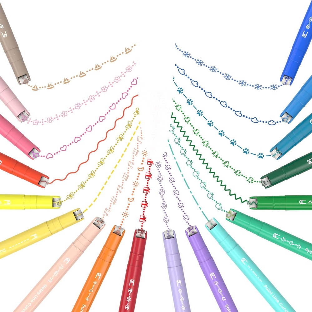 18PCS Curve Highlighter Pen Set, Dual Tip Marker Pens with 18 Different Curve Sh