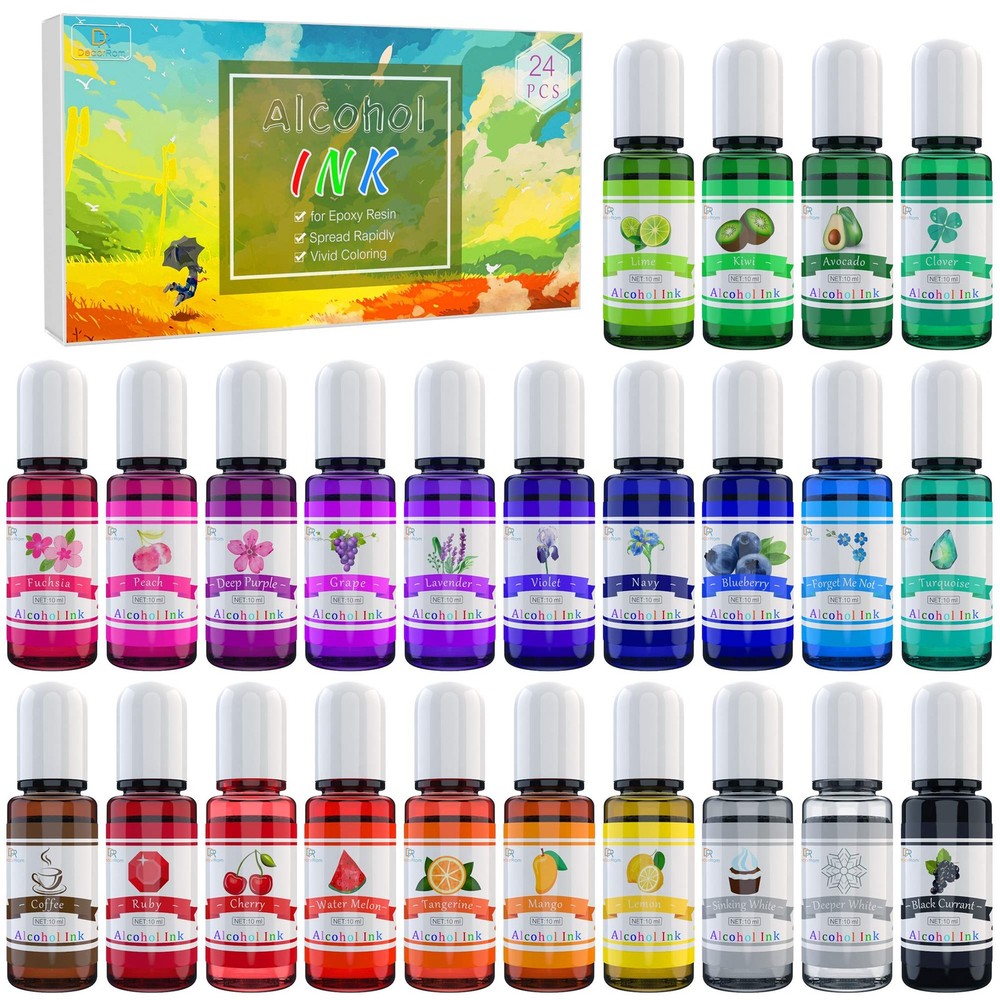 Alcohol Ink Set – 24 Vibrant Colors for Resin Art, Petri 24 Bottles x 10ml