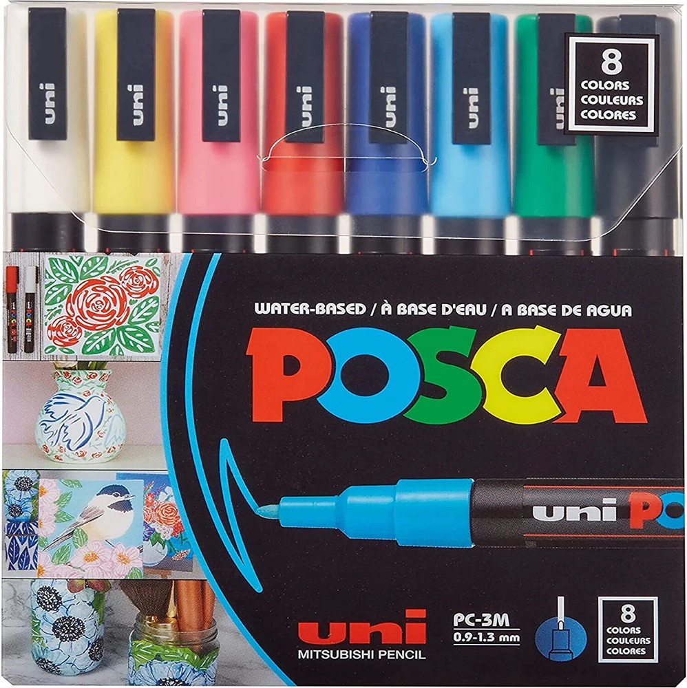 POSCA Water-Based Markers, 8 Assorted Colors, PC-3M, 0.9-1.3mm, New in Box