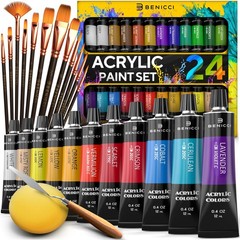 Complete Acrylic Paint Set – 24х Rich Pigment Colors – 12x Art Brushes with B…