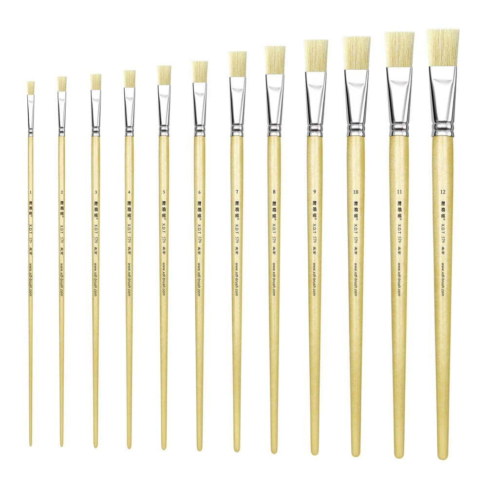 XDT#579 Flat Art Brush Set 12Pc #1#2#3#4#5#6#7#8#9#10#11#12 Hog X-Long Handle