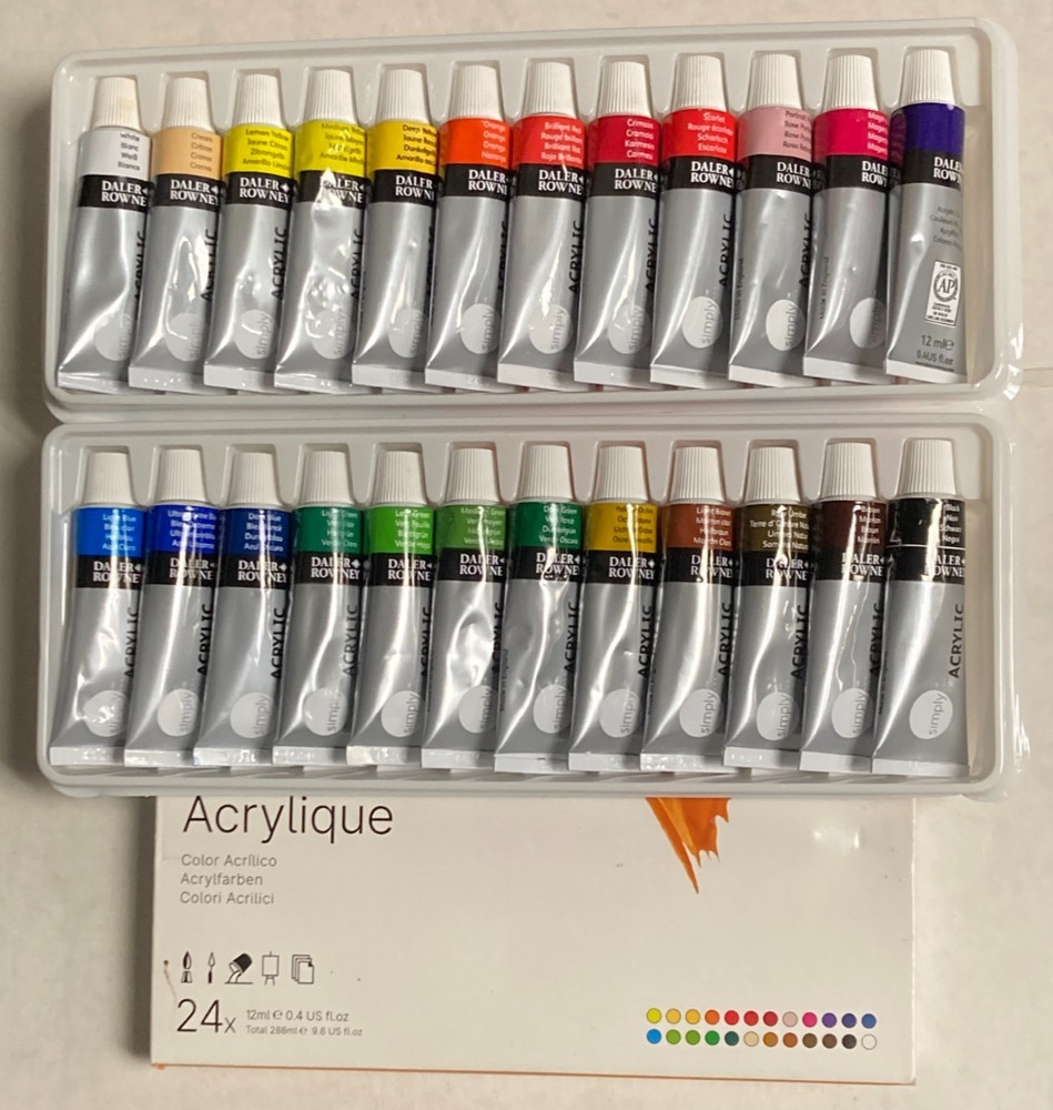 Lot of 24 Daler Rowney Simply Acrylic Paints Barely Used with Box .4oz Tubes