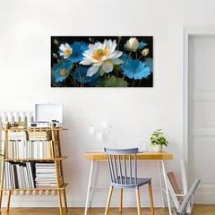 Blue White Lotus Flower Wall Art Canvas Picture for Living Room Water Lily Ze…