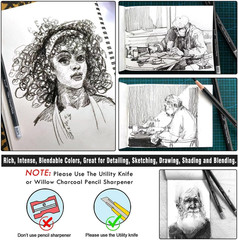 Brusarth Professional Charcoal Pencils Drawing Set – 8 Pieces Soft Medium and Ha