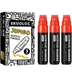3 Jumbo Permanent Markers Red, 15mm Thick Wide Tip, Large Acrylic Paint Marke…