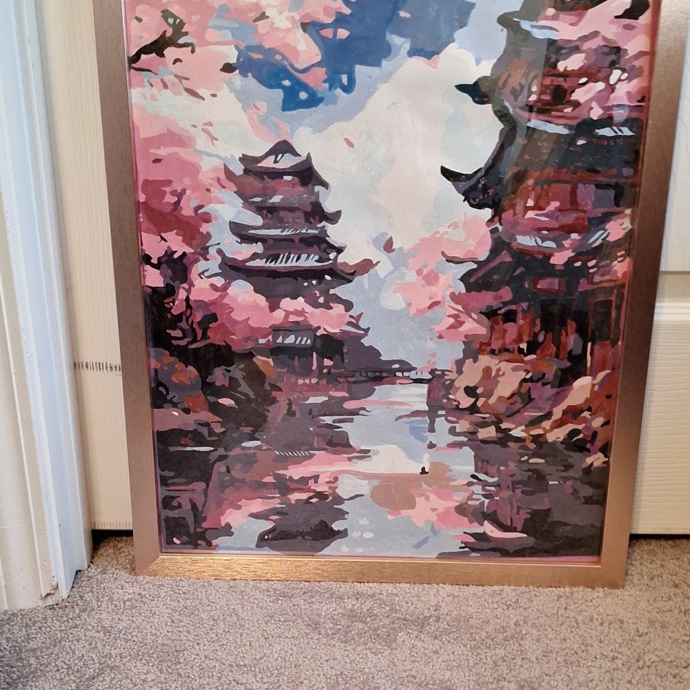 Cherry Blossom Pagoda Paint By Numbers Framed Artwork (Asian Landscape)