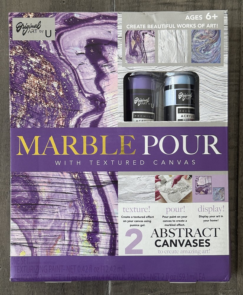 Original Art By U Marble Pour Kit With 2 Textured Abstract Canvases