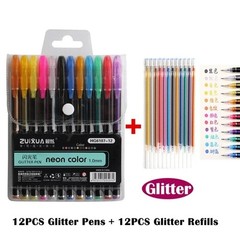 12/24pcs Metallic Glitter Gel Pens with Refills – Shimmer Colors for Adult Color