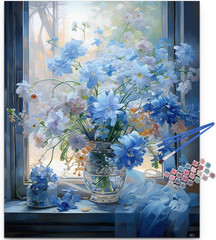 Blue Flowers in Window Paint by Numbers Kit for Adults, Landscape Adult Paint by