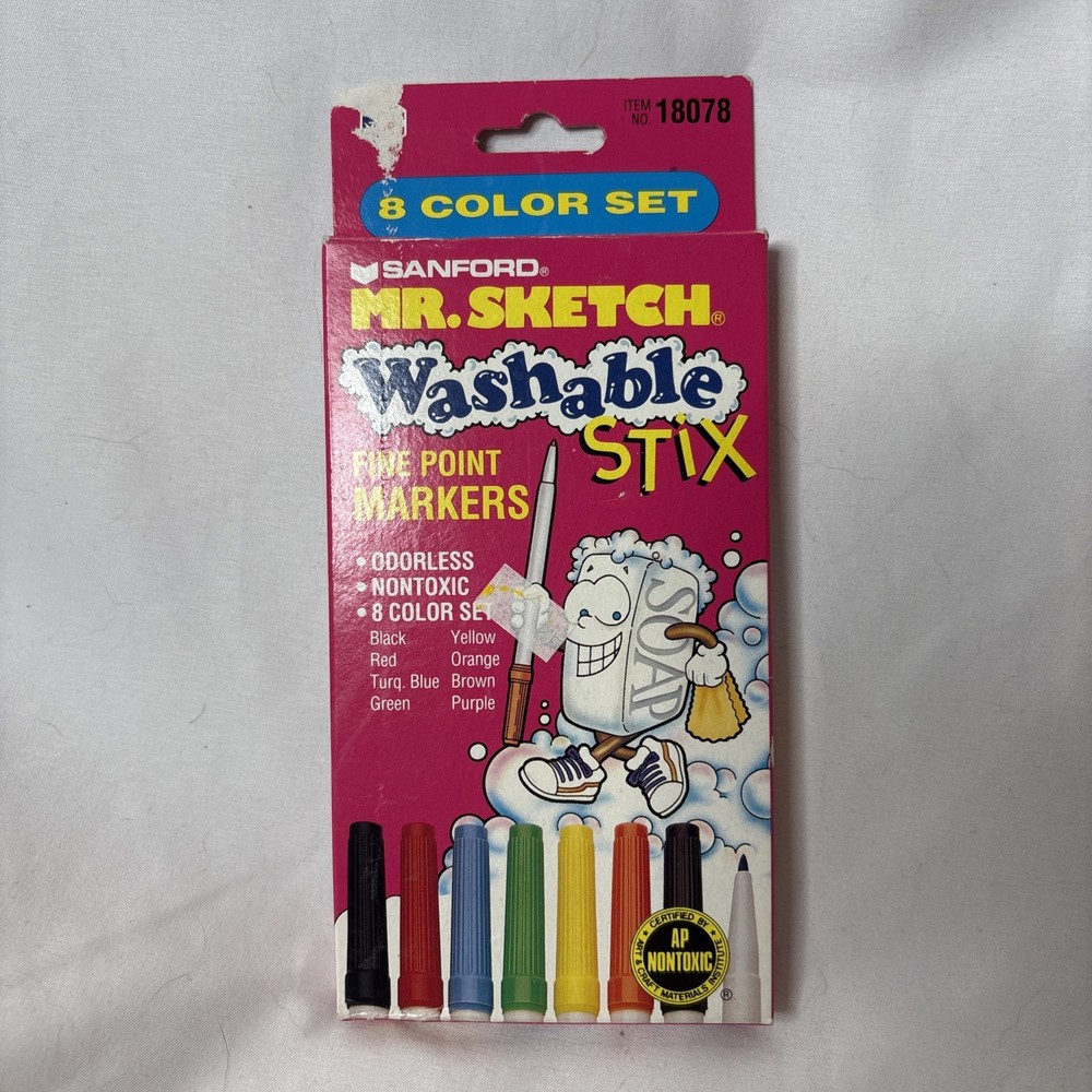 Vintage Sanford MR. SKETCH Washable Stix 8 Color Set Fine Point Markers 1994