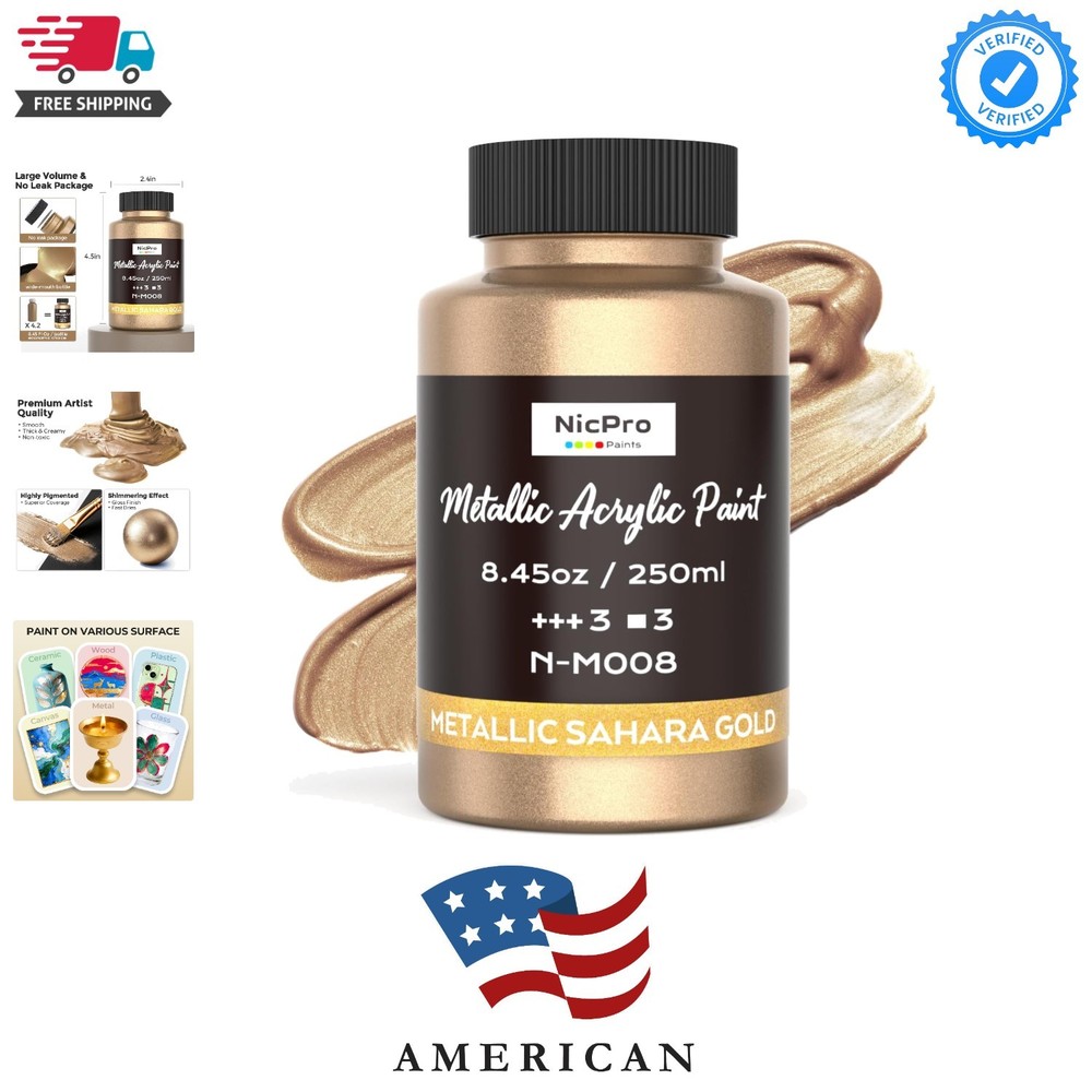 Metallic Sahara Gold Acrylic Paint, 8.45oz/250ml Large Gold Leaf Paint, Non T…