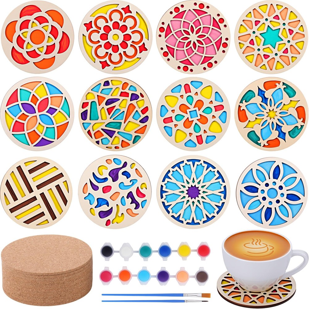 12 Pcs Wood Coasters Craft Kit Paint You Own Coaster Wooden Painting Craft Ki…