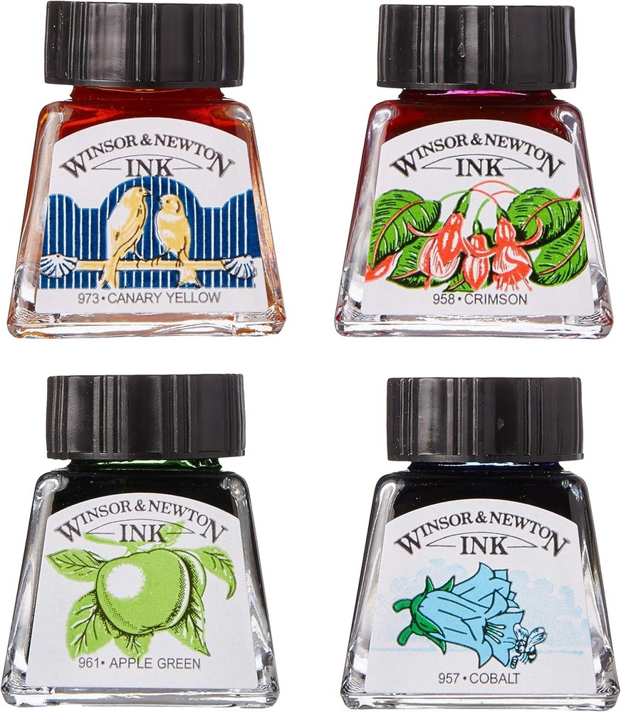 4-Bottle Drawing Ink Set in Vibrant Primary Colors – Ideal for Illustrators