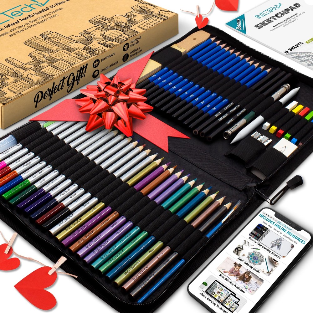 55 PCS Drawing Pencil Set Colored Graphite Charcoal Case Sketching Shading