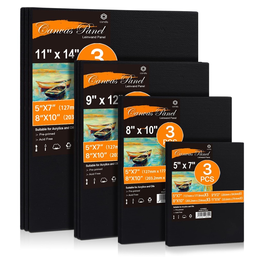 Black Canvas Board for Painting, 12 Pack Multi Size 11×14, 9×12, 8×10, 5×7(3 …