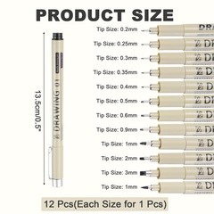 12Pcs 0.2/0.25/0.3/0.35/0.4/0.5/0.6/0.9/1.0/2.0/3.0/1.0mm Fineliner Ink Pens