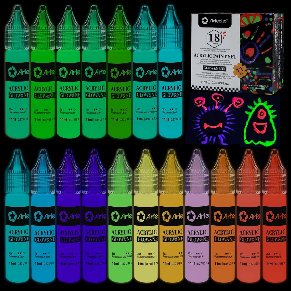 Glow in the Dark Paint 18 Colors 11 ml / 0.37 oz Acrylic Paint for Decoration