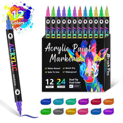 Acrylic Paint Marker Set 12 Dual Tip Pens for Rock Painting Ceramic Wood plastic