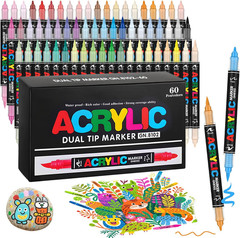 60 Colors Dual Tip Acrylic Paint Pens, 0.5-5MM Brush Tip & 1 MM Fine Tip Acrylic