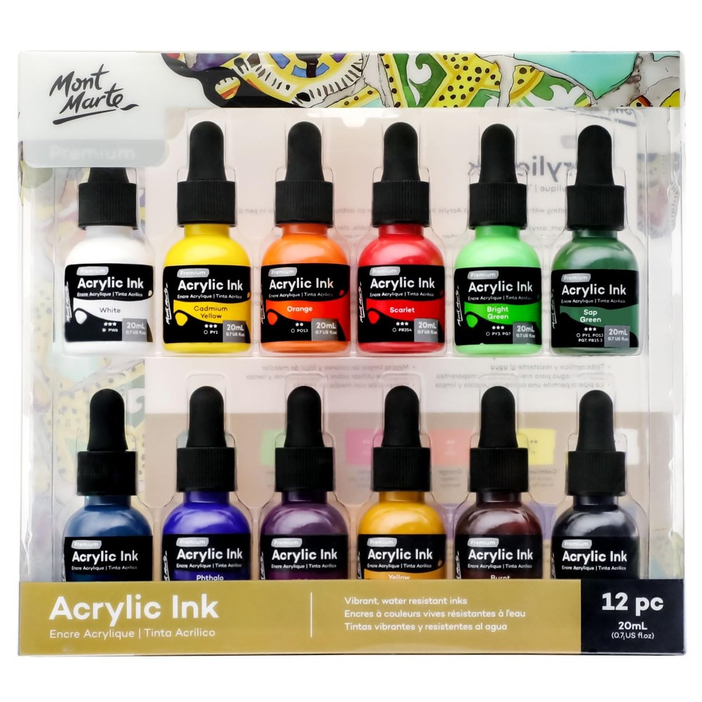 Mont Marte Acrylic Ink Premium 12pc x 20ml (0.7 US fl.oz), 0.7 fl oz