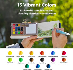 Mini Watercolor Paint Set, All-In-One Walnut Wood 15-Color Premium Pocket Travel