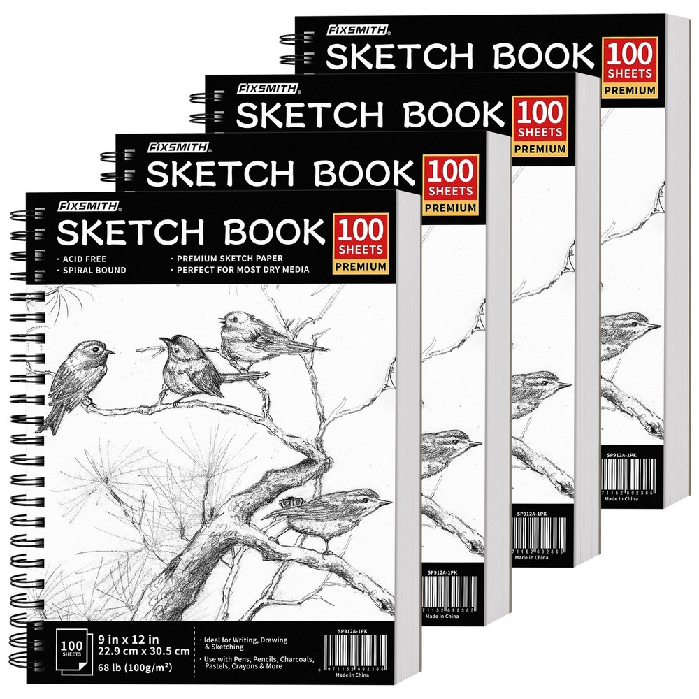 FIXSMITH 9″X12″ Sketch Book | 400 Sheets (68 lb/100gsm) 9″x12″-4 Pack, Black