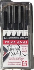 Sakura Pigma Sensei Manga 6 Piece Drawing Set Archival Black Ink Pens Waterproof